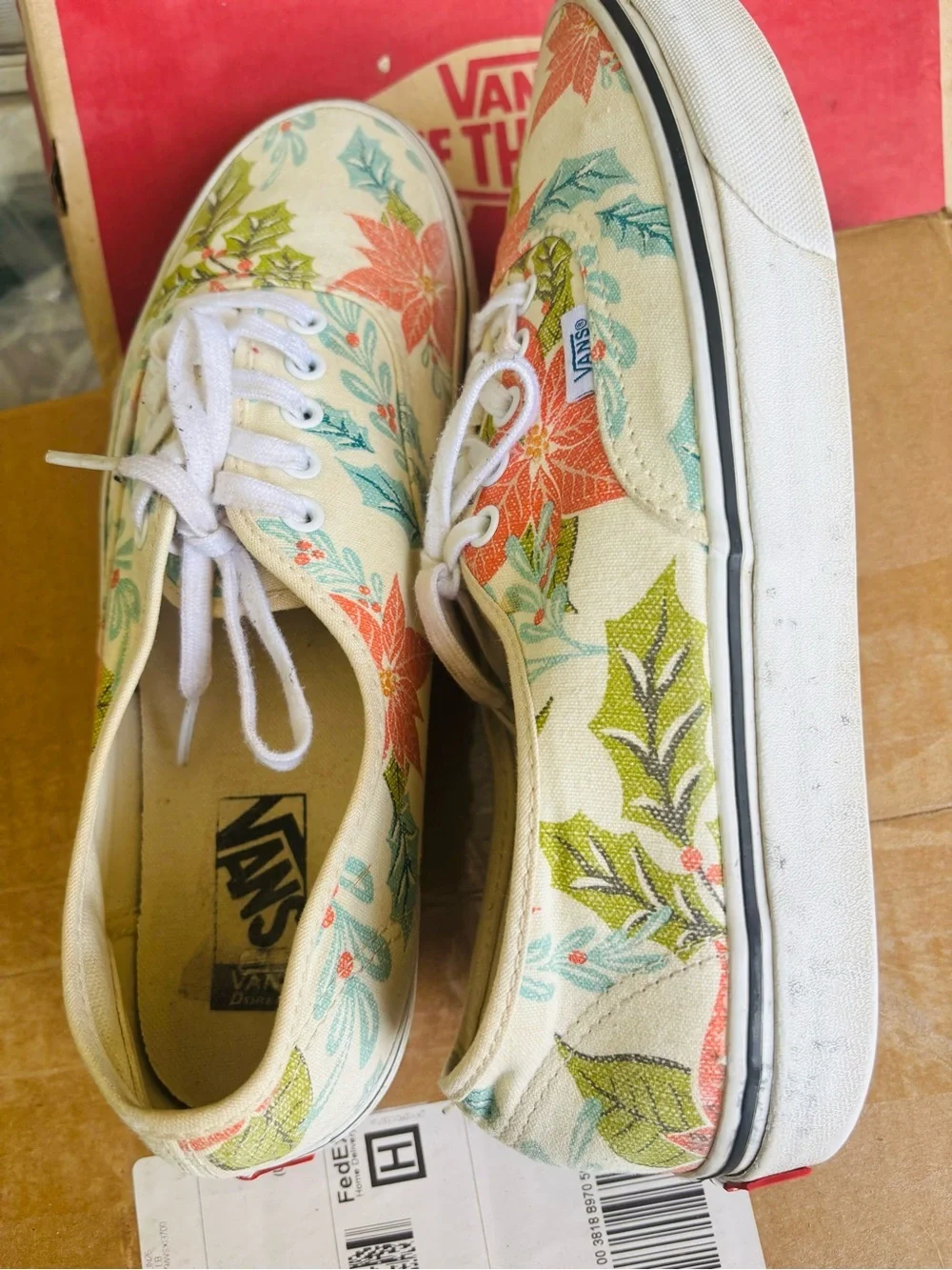 Vans Canvas Low-Top Sneakers in White with Red & Green Floral Print